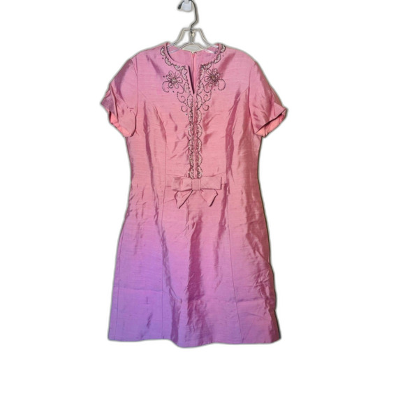 Vtg Henry-Lee 1950s Pink Silk Shantung Sheath Dress Beaded 14 - Picture 1 of 7